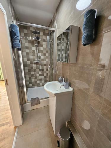 a bathroom with a sink and a shower at Central Chambers Suites - Suite 4 in Leek