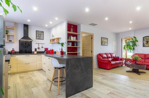 Il comprend une cuisine et un salon avec un canapé rouge. dans l'établissement La Roseraie, à Loucrup
