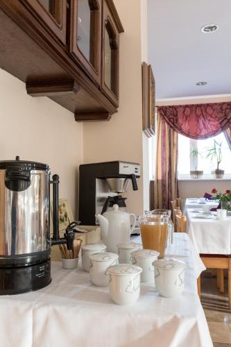 a kitchen with a counter with cups and a mixer at Pensjonat Adria in Zakopane