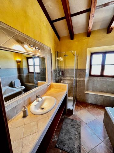 a bathroom with a sink and a shower and a mirror at Finca Reina de la isla in Felanitx