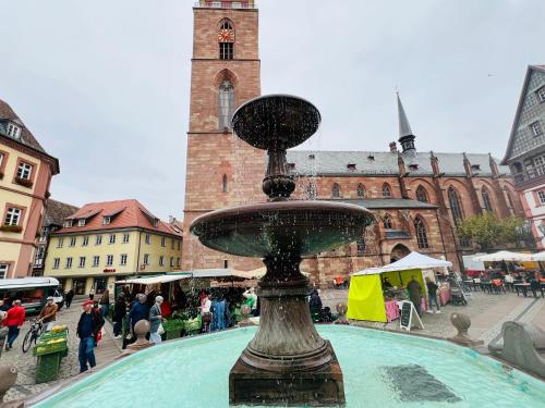 a fountain in the middle of a city with a clock tower at ARTvacanza Neustadt in Neustadt an der Weinstraße