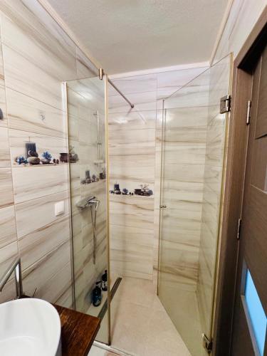 a shower with a glass door in a bathroom at Gruenwald Paradis Sibiu in Şelimbăr