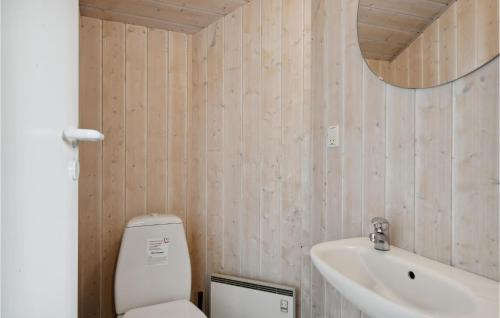 a bathroom with a toilet and a sink and a mirror at Holiday Home Vesterledvej Xi in Havrvig
