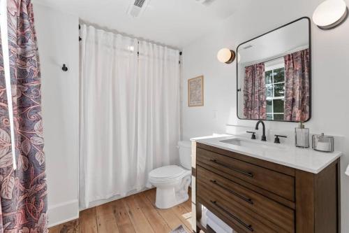 een badkamer met een wastafel, een toilet en een spiegel bij Historic Farmhouse Mansion with 8 working fireplaces in Bowling Green
