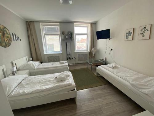 a room with two beds and a tv in it at Pension Lizzi in Vienna
