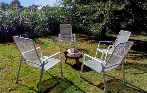 three chairs and a fire pit in the grass at Nice Home In Drochtersen in Drochtersen