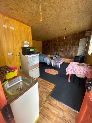 a small kitchen with a sink and a bed in a room at Cabaña la chilotita in Dalcahue