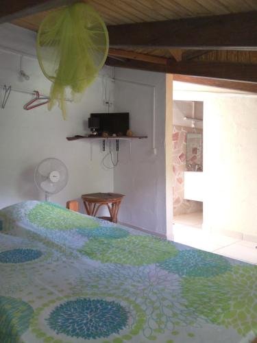 a bedroom with a bed with a colorful bedspread at La Plus Grande Source D'eaux Chaudes " Guadeloupe " in Bouillante