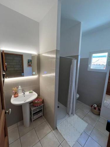 une salle de bain avec un lavabo et une douche dans l'établissement jolie maison de pêcheurs, à Palavas-les-Flots