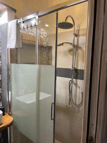 a shower with a glass door in a bathroom at Il Girasole Storico in Pitigliano