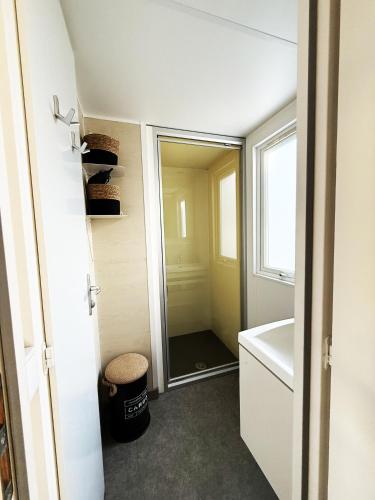 une salle de bain avec une douche, un lavabo et un miroir dans l'établissement Mobil-home - Camping Le Marisol - Torreilles-plage, à Torreilles