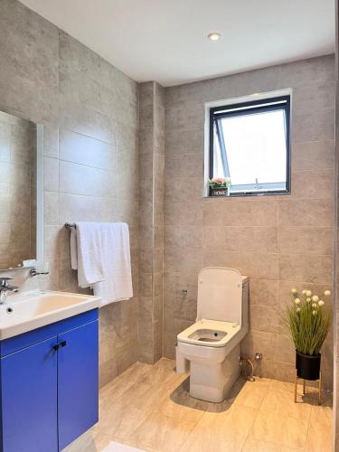 a bathroom with a toilet and a sink and a window at City Pen - By Tito Homes in Nairobi