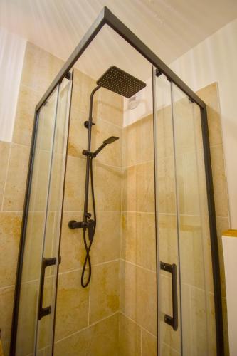 une douche avec pommeau de douche dans une salle de bain dans l'établissement La Duché - Appartement neuf central, calme, vue sur les toits de Cherbourg et Parking, intendance Luxury Host, à Cherbourg en Cotentin