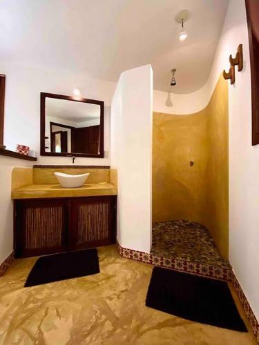 a bathroom with a sink and a mirror at Cabaña El Cactus Playa Mermejita in Mazunte