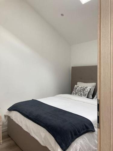 - un lit avec une couverture bleue dans l'établissement Joli duplex proche du lac Léman, à Messery