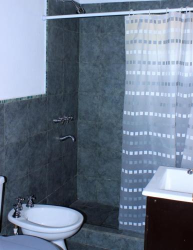 a bathroom with a shower and a toilet and a sink at Cabañas La Esther Tilcara in Tilcara