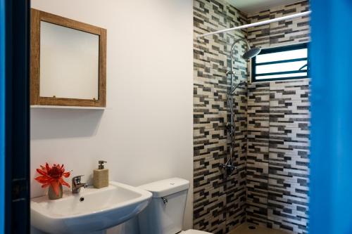 a bathroom with a sink and a toilet and a mirror at Teahupo'o Wave Lodge in Teahupoo