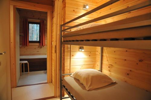 a bedroom with a bunk bed in a wooden cabin at Gite De Boshut in Oignies-en-Thierache