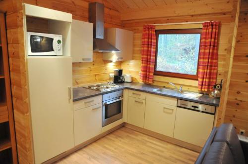 a kitchen in a log cabin with a refrigerator and a microwave at Gite De Boshut in Oignies-en-Thierache