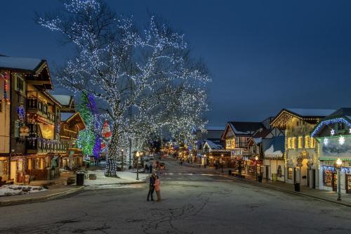 a christmas tree in the middle of a street at Das Tree Haus by NW Comfy Cabins in Leavenworth