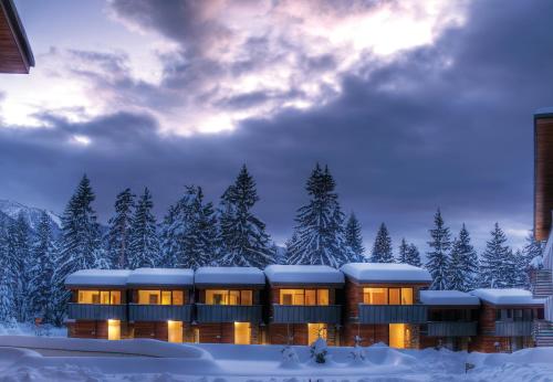 a building in the snow with snow covered trees at Euphoria Club Hotel in Borovets