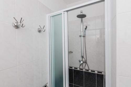 a shower with a glass door in a bathroom at Villa Osibova in Milna