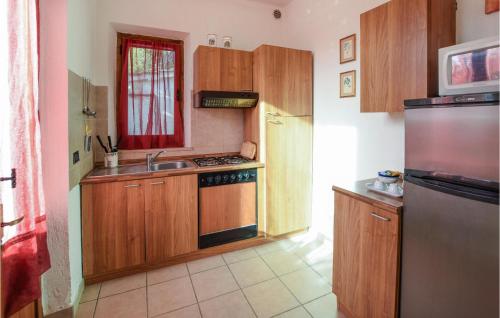 Una cocina con gabinetes de madera, un fregadero y un refrigerador. en 1 Bedroom Beautiful Home In Magione, en Magione