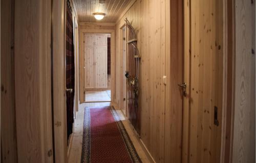 a hallway with wooden walls and a door and a rug at Stunning Home In Rjukan With Wifi in Rjukan
