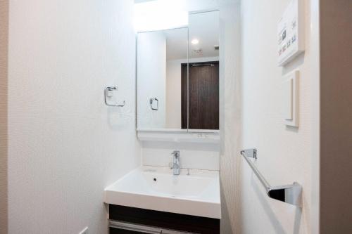 a white bathroom with a sink and a mirror at The Parkcross Ryogoku Midori in Tokyo