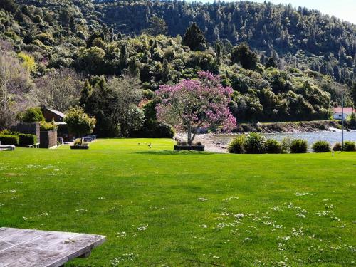 a park with a tree with pink flowers in the grass at Braxmere Lodge in Turangi