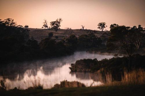 a body of water with trees and a field at Swan River Sanctuary in Swansea