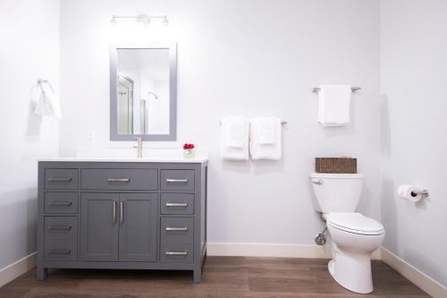 a bathroom with a sink and a toilet and a mirror at The Pathmaker Hotel in Bar Harbor