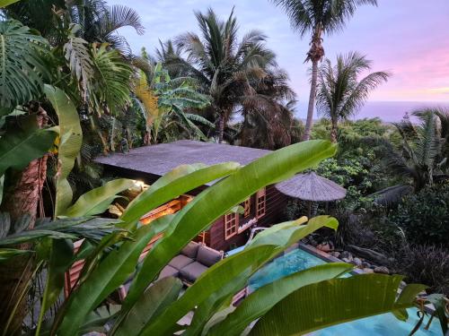 a resort with a swimming pool and palm trees at OHANA Jungle Lodges in Les Avirons