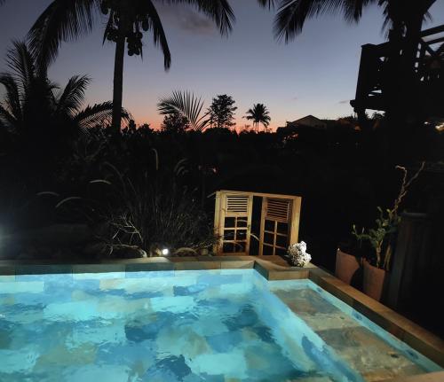 a swimming pool in a yard at night at OHANA Jungle Lodges in Les Avirons