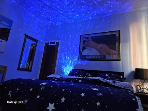 a bedroom with a bed with stars on the ceiling at Serenity Big Room in Brussels