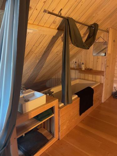 une salle de bain avec une baignoire et un lavabo dans une pièce dans l'établissement Mon refuge en Vasgovie, à Meisenthal