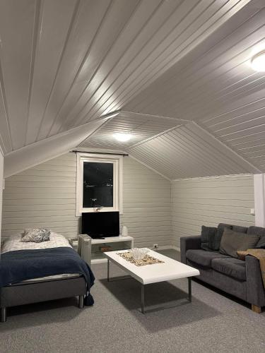 a living room with a bed and a couch at Stor hybel in Tromsø