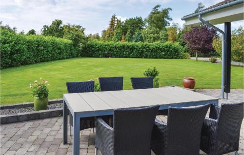 a table and chairs with a lawn in the background at Four-Bedroom Holiday Home In Storvorde in Storvorde