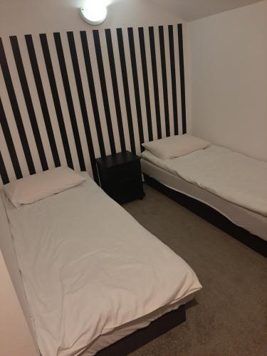 a room with two beds and a striped wall at Zielone Zacisze in Zagnańsk