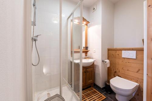 une salle de bain avec douche et toilettes dans l'établissement L'Ecrin des Sybelles - Apt piscine sauna partagés, à La Toussuire