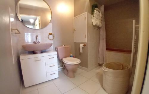 une salle de bain avec un lavabo, des toilettes et un miroir dans l'établissement Le Cœur des Océanes, à Pornichet