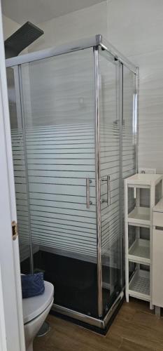 a bathroom with a glass shower with a toilet at Apartamentos Tocororo in El Cotillo