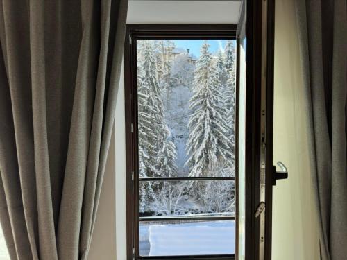 a window with a view of snow covered trees at Spa Villa Mezinska Jacuzzi Sauna in Shiroka Lŭka