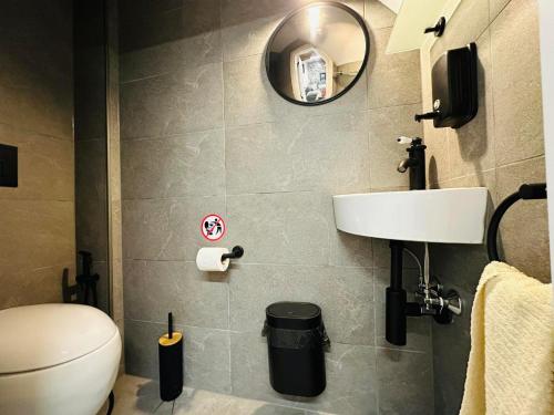 a bathroom with a toilet and a sink and a mirror at Spa Villa Mezinska Jacuzzi Sauna in Shiroka Lŭka