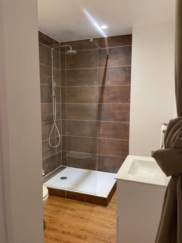 a bathroom with a shower with a toilet and a sink at Hébergement Ornano Bordeaux in Bordeaux