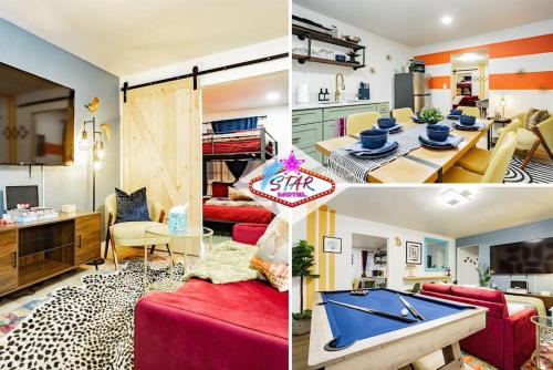 two pictures of a living room with a pool table at Star Motel Unit 5- New Downtown Haven Boutique Las Vegas Oasis Home in Las Vegas