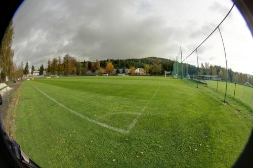 an empty soccer field with a soccer goal at Hotel Břízky in Jablonec nad Nisou