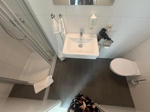 a small bathroom with a sink and a toilet at Pension am Park in Rust