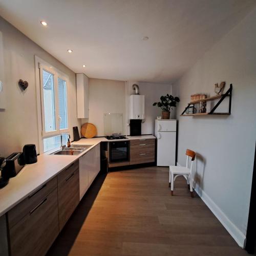 une cuisine avec un réfrigérateur blanc et un évier dans l'établissement L'arrière cour, à Dijon