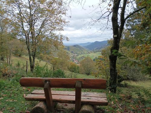 a wooden bench sitting on a hill overlooking a valley at Chemin de résilience, séjours détente et nature in Fouchy